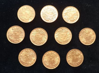 10 Coins 20 Swiss Francs Gold 
(worn, rubbed)

Sales...