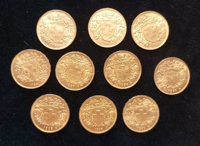 10 Coins 20 Swiss Francs Gold 
(worn, rubbed)

Sales...