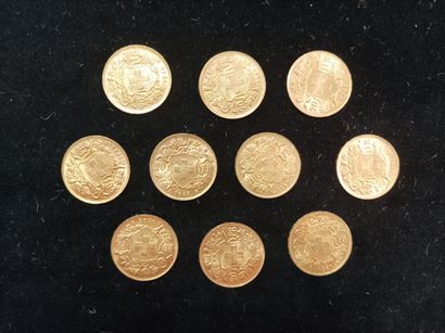 10 Coins 20 Swiss Francs Gold 
(worn, rubbed)

Sales...