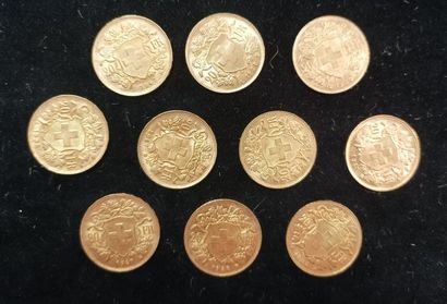10 Coins 20 Swiss Francs Gold 
(worn, rubbed)

Sales...