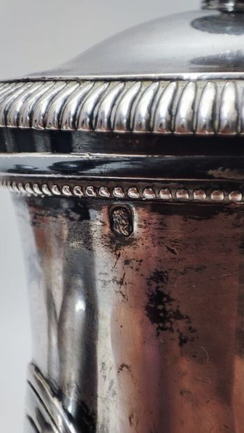 Silver coffee pot with turned blackened wood...