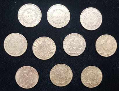 10 pieces 20 Francs gold 
(worn, rubbed)

Selling...