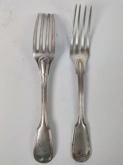 Set of five silver spoons and seven forks,...