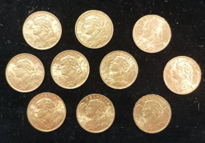 10 pieces 20 Swiss Francs Gold 
(worn, rubbed)

Selling...