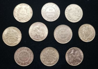 10 pieces 20 Francs gold 
(worn, rubbed)

Selling...
