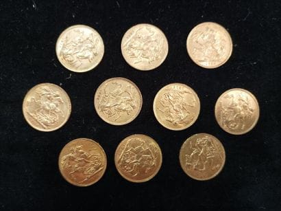 10 gold sovereign coins, United Kingdom
(worn,...