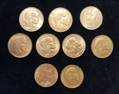 9 pieces 20 Franc gold, France 
(worn, rubbed)

Selling...