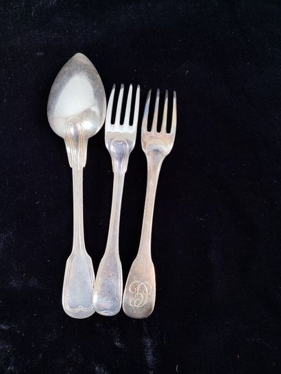 Set of silver flatware: large spoons and...
