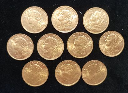 10 Coins 20 Swiss Francs Gold 
(worn, rubbed)

Sales...