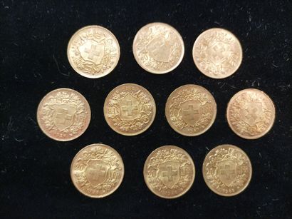 10 Coins 20 Swiss Francs Gold 
(worn, rubbed)

Sales...