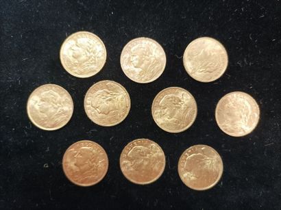 10 Coins 20 Swiss Francs Gold 
(worn, rubbed)

Sales...