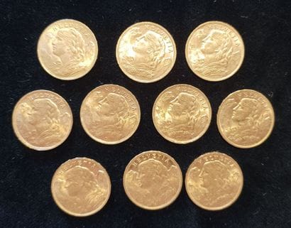 10 Coins 20 Swiss Francs Gold 
(worn, rubbed)

Sales...