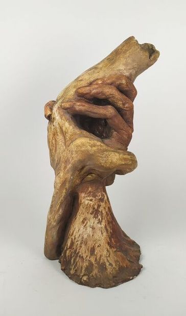 Terracotta sculpture of two embracing hands
Signed...