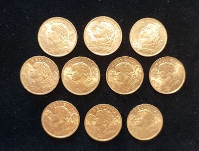 10 Coins 20 Swiss Francs Gold 
(worn, rubbed)

Sales...