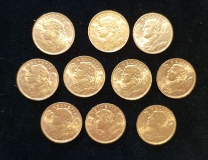 10 Coins 20 Swiss Francs Gold 
(worn, rubbed)

Sales...