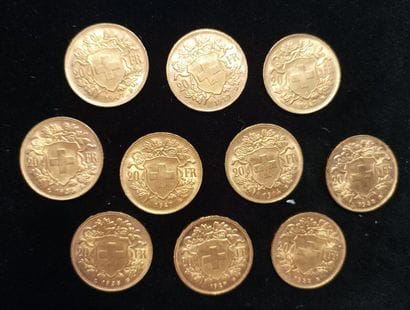 10 Coins 20 Swiss Francs Gold 
(worn, rubbed)

Sales...