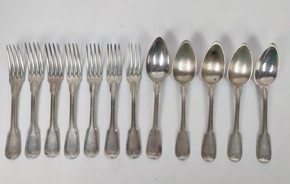 Set of five silver spoons and seven forks,...