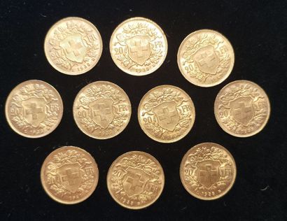 10 Coins 20 Swiss Francs Gold 
(worn, rubbed)

Sales...