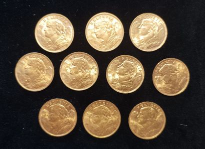 10 Coins 20 FFrancs Swiss Gold 
(worn, rubbed)

Sales...