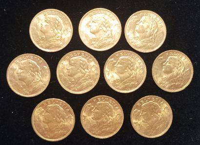 10 Coins 20 Swiss Francs Gold 
(worn, rubbed)

Sales...