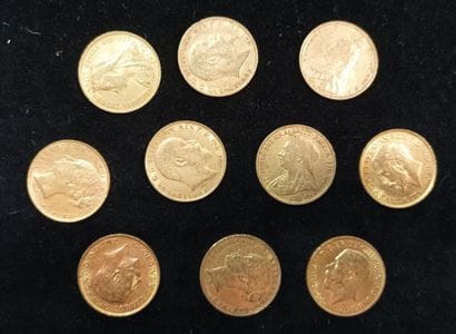 10 gold sovereign coins, United Kingdom
(worn,...