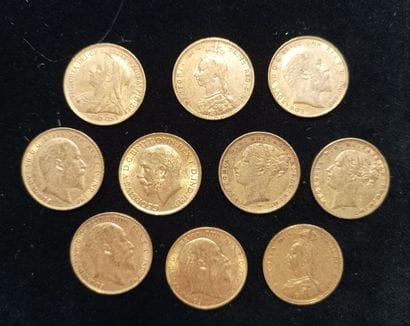 10 gold sovereign coins, United Kingdom
(worn,...