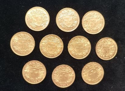 10 Coins 20 Swiss Francs Gold 
(worn, rubbed)

Sales...