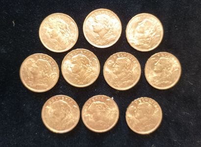 10 Coins 20 Swiss Francs Gold 
(worn, rubbed)

Sales...