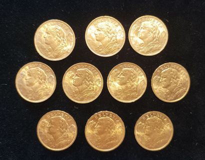 10 Coins 20 Swiss Francs Gold 
(worn, rubbed)

Sales...