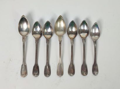 Set of five silver spoons and seven forks,...