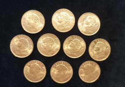 10 Coins 20 Swiss Francs Gold 
(worn, rubbed)

Sales...