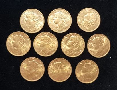 10 Coins 20 Swiss Francs Gold 
(worn, rubbed)

Sales...