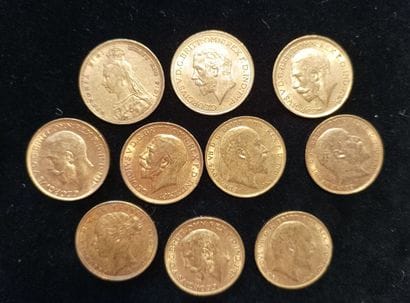 10 gold sovereign coins, United Kingdom
(worn,...