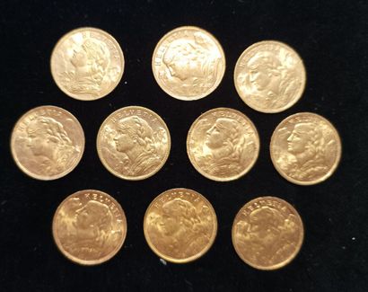 10 Coins 20 Swiss Francs Gold 
(worn, rubbed)

Sales...