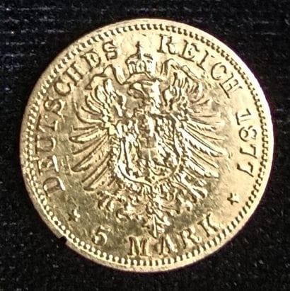 1 gold coin 5 Mark 1877
(worn, rubbed) 

Selling...