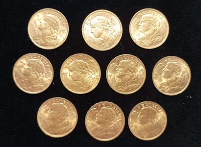 10 Coins 20 Swiss Francs Gold 
(worn, rubbed)

Sales...