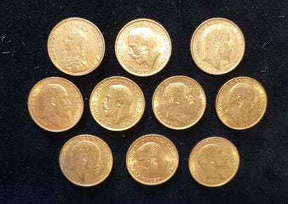 10 gold sovereign coins, United Kingdom
(worn,...