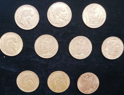 10 pieces 20 Francs gold 
(worn, rubbed)

Selling...