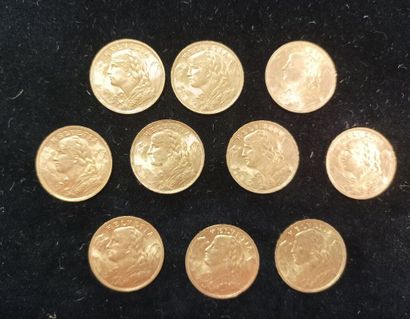 10 Coins 20 Swiss Francs Gold 
(worn, rubbed)

Sales...