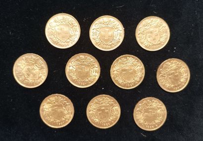 10 Coins 20 Swiss Francs Gold 
(worn, rubbed)

Sales...