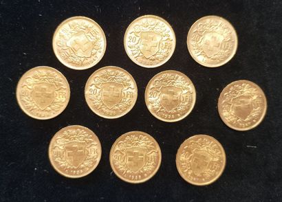 10 Coins 20 FFrancs Swiss Gold 
(worn, rubbed)

Sales...