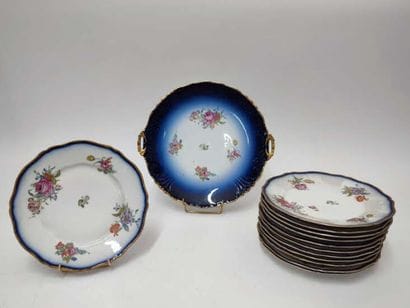 Porcelain cake service with blue and gold...