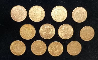 12 pieces 20 Franc gold, France 
(worn, rubbed)

Selling...