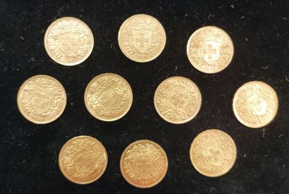 10 pieces 20 Swiss Francs Gold 
(worn, rubbed)

Selling...