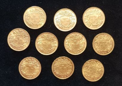 10 Coins 20 Swiss Francs Gold 
(worn, rubbed)

Sales...