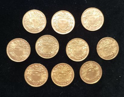 10 Coins 20 Swiss Francs Gold 
(worn, rubbed)

Sales...