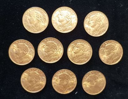 10 Coins 20 Swiss Francs Gold 
(worn, rubbed)

Sales...