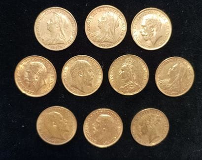 10 gold sovereign coins, United Kingdom
(worn,...