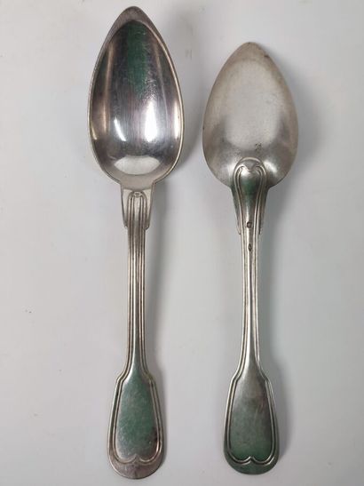 Set of five silver spoons and seven forks,...