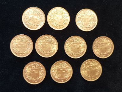 10 Coins 20 Swiss Francs Gold 
(worn, rubbed)

Sales...